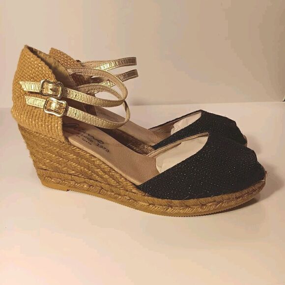 Gaimo Handmade Black/Tan/Metallic Espadrilles w/Ankle Straps Size 41 (US 10.5) - Picture 1 of 8